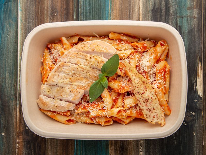 Creamy Chicken Alfredo Pasta with grilled chicken strips